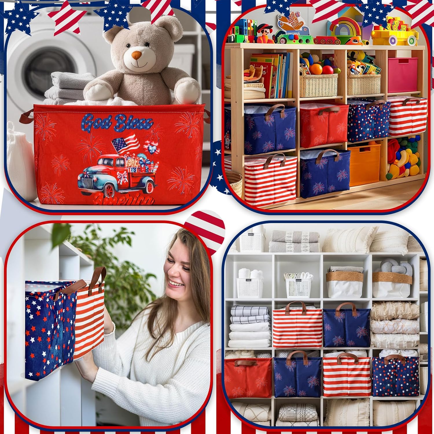 6 pack of collapsible red white and blue patriotic storage baskets with American flag design and handles displayed for 4th of July party and home organization