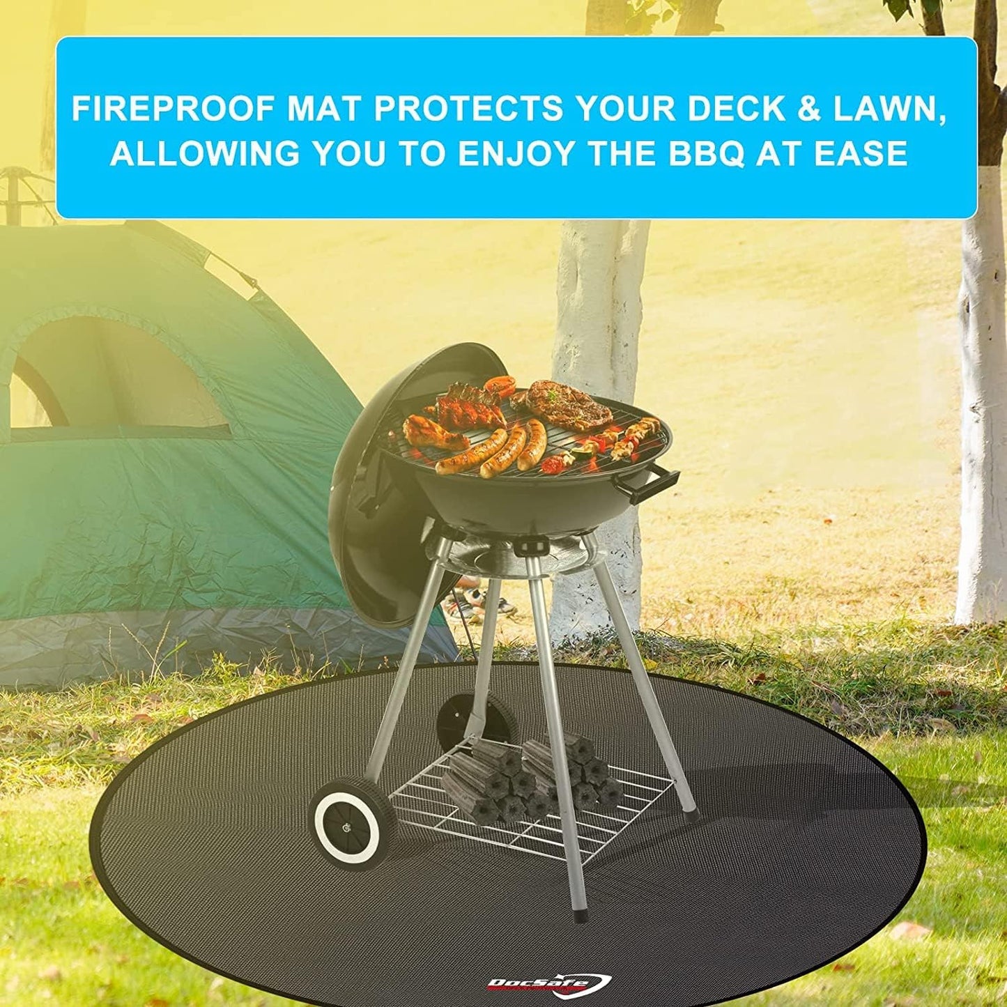 Black round 48-inch fireproof fire pit mat placed under an outdoor fire pit on a wooden deck