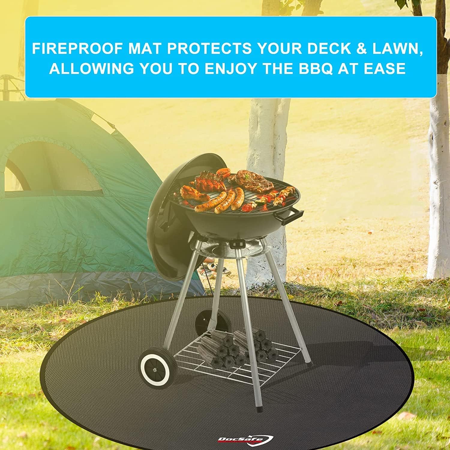 Black round 48-inch fireproof fire pit mat placed under an outdoor fire pit on a wooden deck