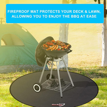 Black round 48-inch fireproof fire pit mat placed under an outdoor fire pit on a wooden deck