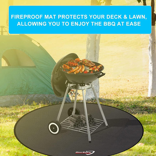 Black round 48-inch fireproof fire pit mat placed under an outdoor fire pit on a wooden deck