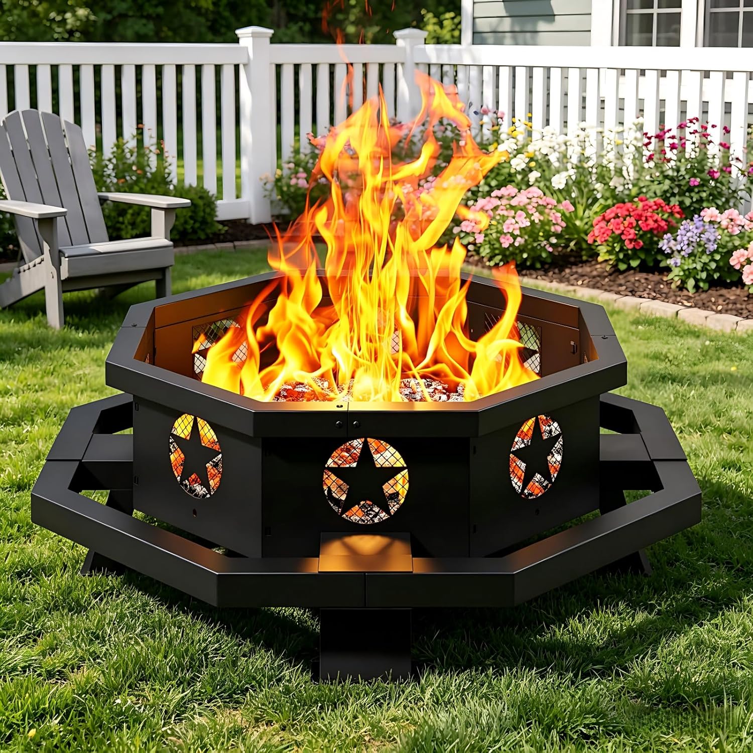 43-inch octagonal black steel wood burning fire pit set up in a backyard patio at dusk with flames burning

