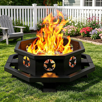 43-inch octagonal black steel wood burning fire pit set up in a backyard patio at dusk with flames burning

