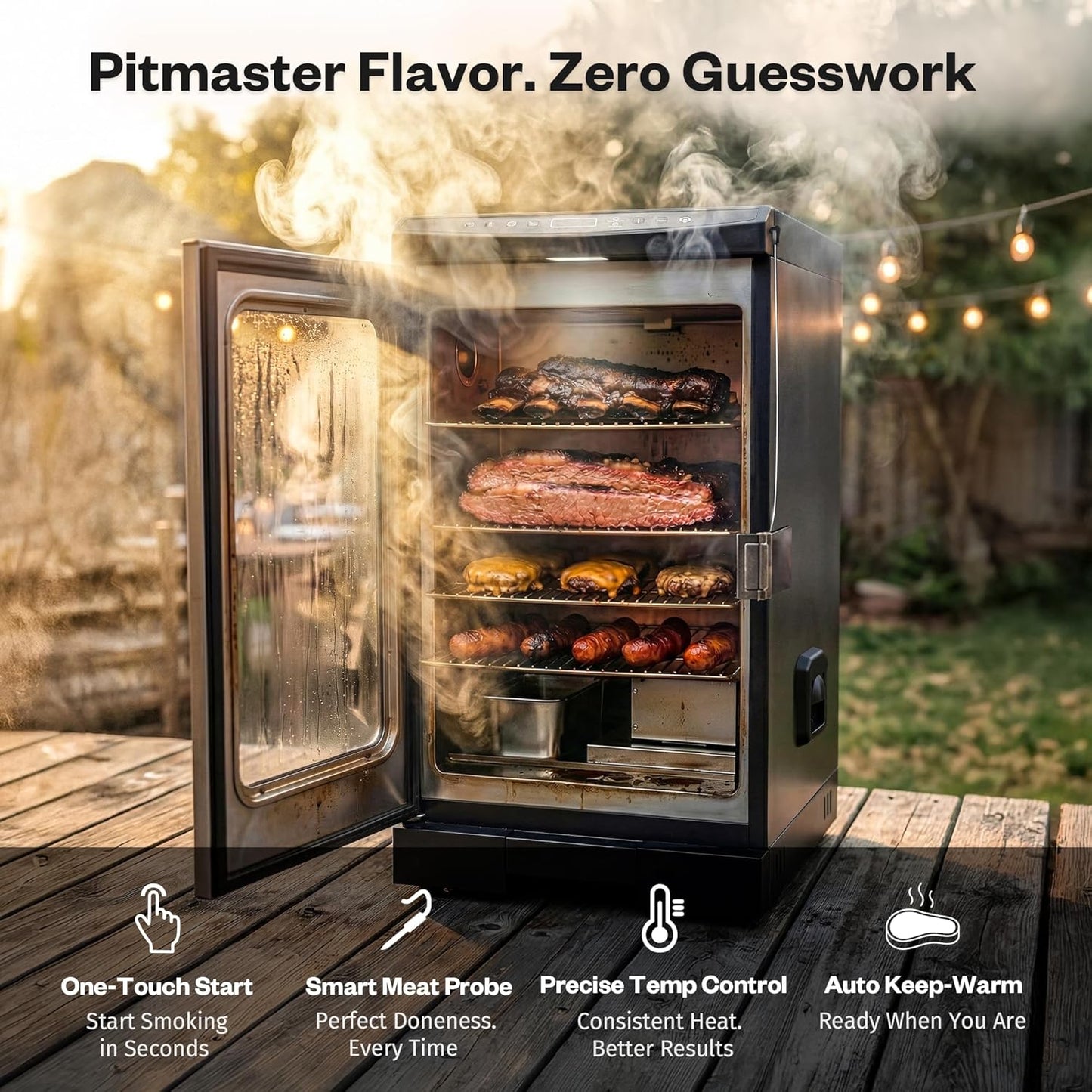 EAST OAK 30-inch electric smoker in mist silver with 725 square inch cooking area, built-in meat probe, and side chip loader for outdoor BBQ smoking