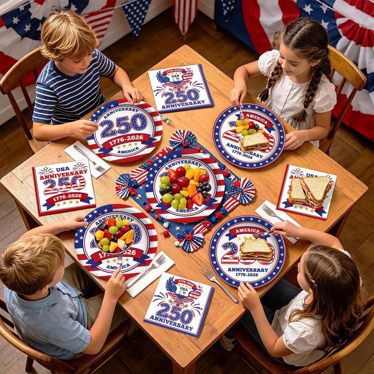 USA 250th Anniversary disposable paper plates and napkins set serving 25 with 1776-2026 patriotic design for 4th of July Independence Day party supplies
