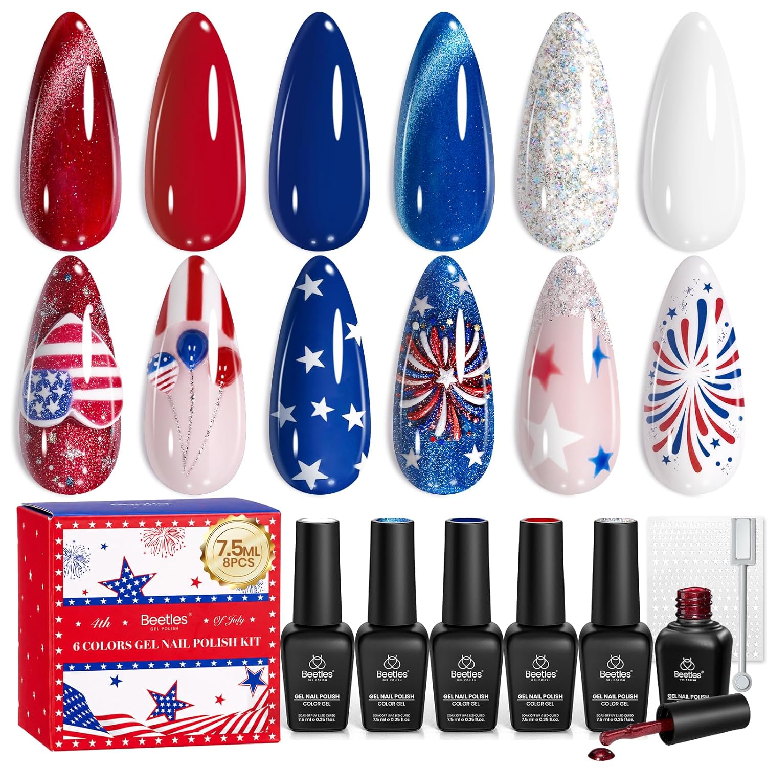 Beetles 4th of July gel nail polish set with 6 red white and blue cat eye and glitter shades displayed with magnet and nail stickers as a patriotic DIY nail art gift for women