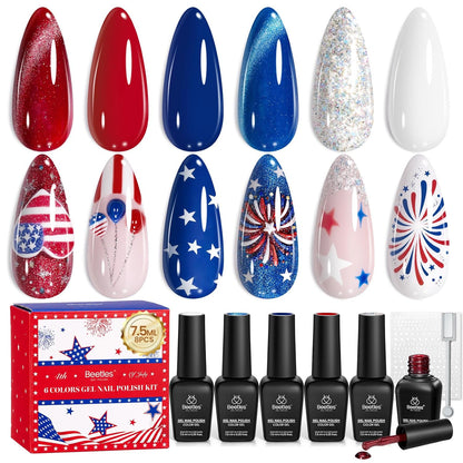 Beetles 4th of July gel nail polish set with 6 red white and blue cat eye and glitter shades displayed with magnet and nail stickers as a patriotic DIY nail art gift for women