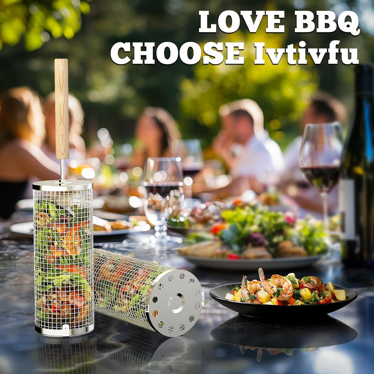 ivtivfu 304 stainless steel rolling grill basket with removable wooden handle for outdoor BBQ and camping — Veterans Value Hub