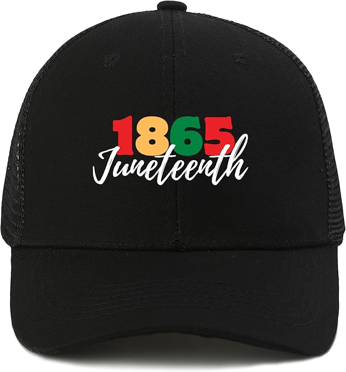 Black Juneteenth trucker hat with Celebrate 1865 design for men and women