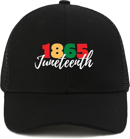 Black Juneteenth trucker hat with Celebrate 1865 design for men and women