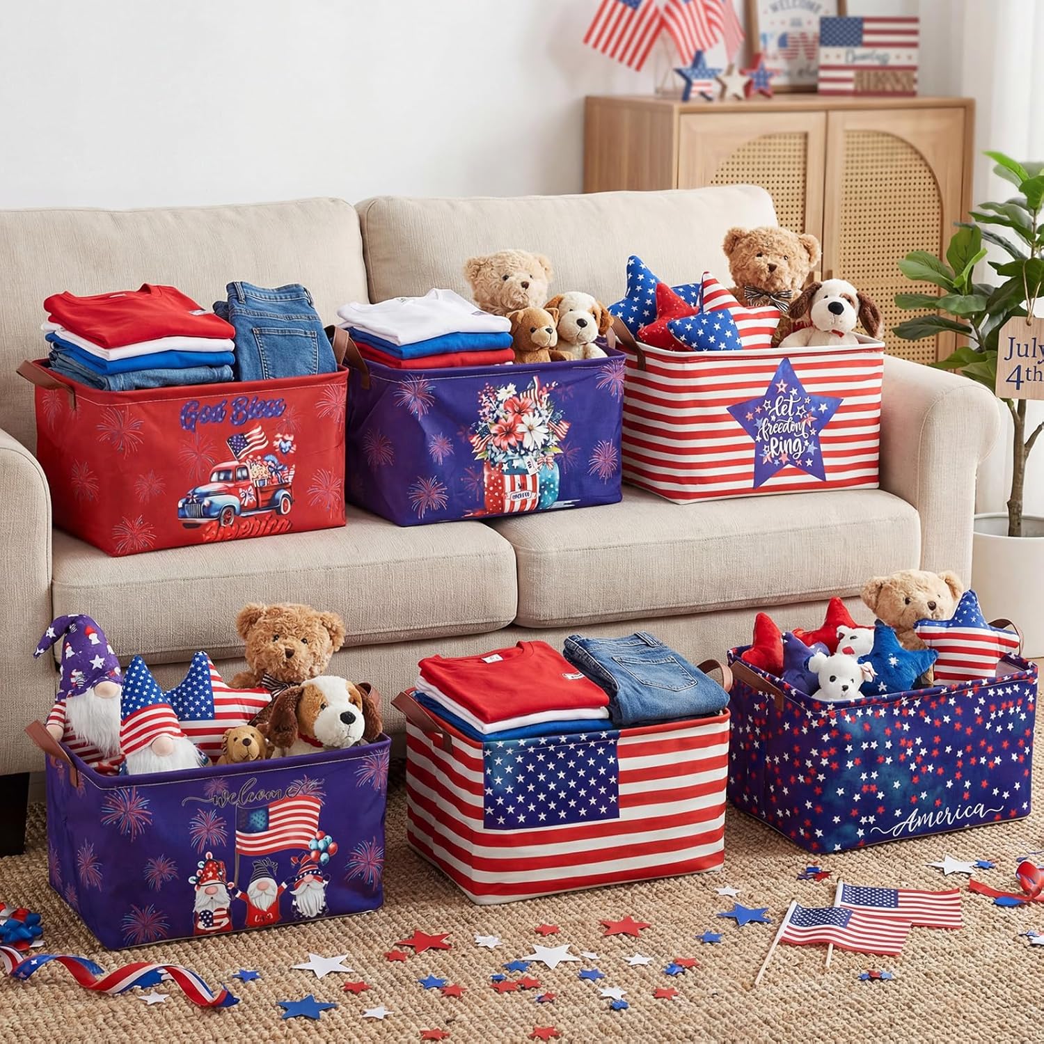 6 pack of collapsible red white and blue patriotic storage baskets with American flag design and handles displayed for 4th of July party and home organization