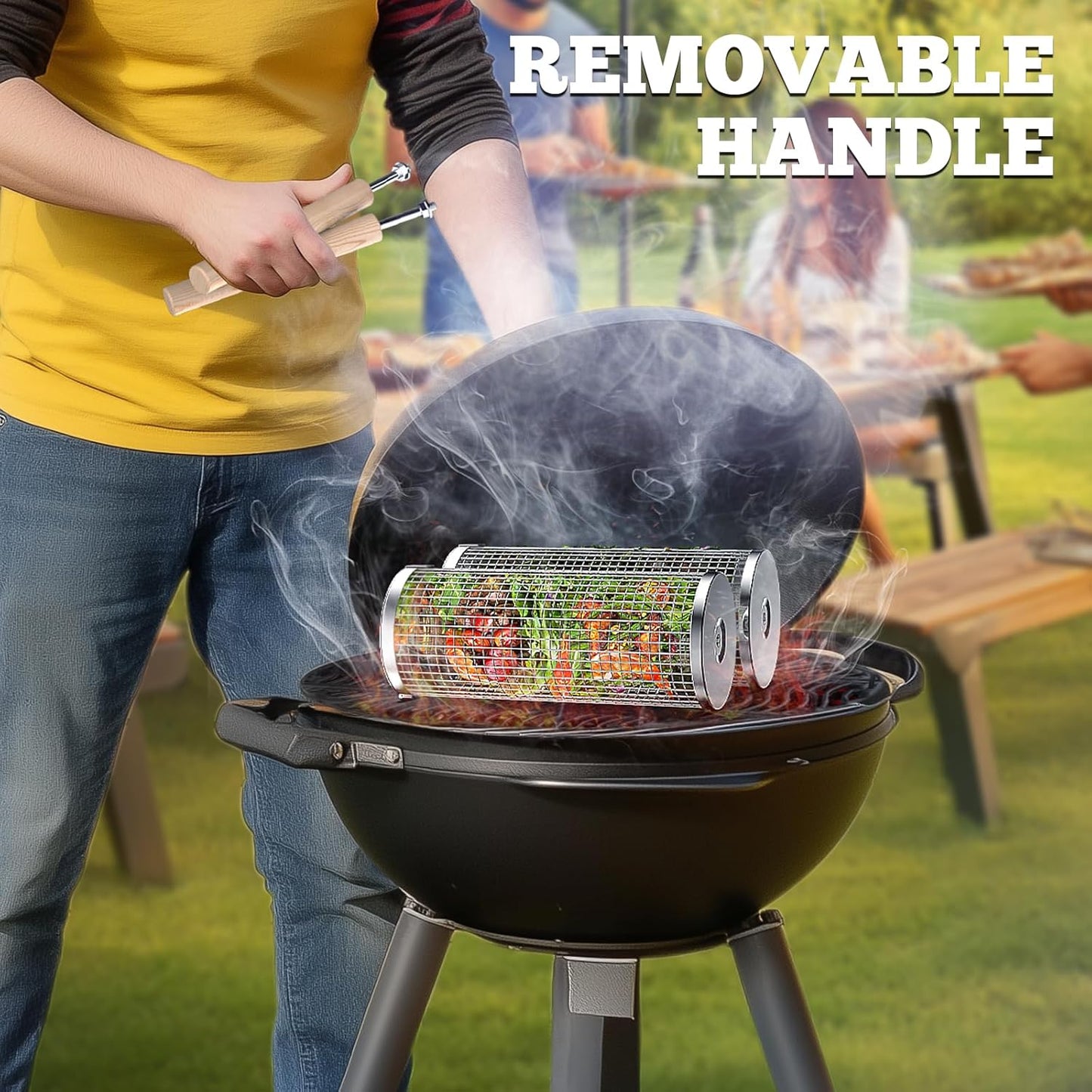 ivtivfu 304 stainless steel rolling grill basket with removable wooden handle for outdoor BBQ and camping — Veterans Value Hub