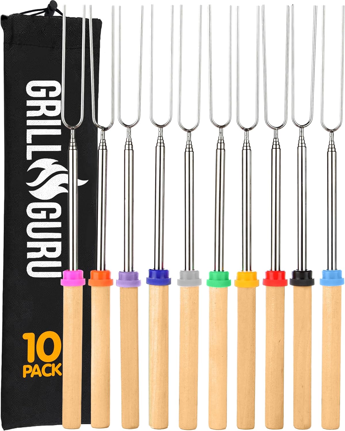 Grill Guru 32 inch marshmallow roasting sticks and hot dog forks 10 pack for fire pit campfire and bonfire outdoor cooking
