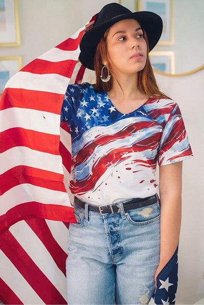 American Flag T Shirt Women USA Star Stripes Fourth July Tee Shirts Casual America Flag Print V Neck Tee Tops
