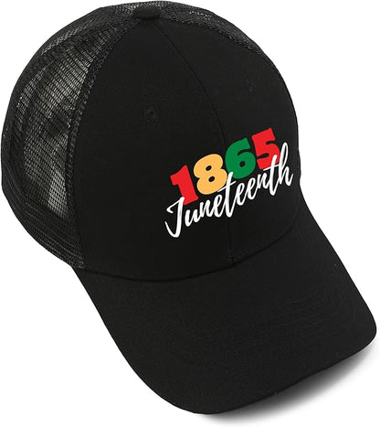 Black Juneteenth trucker hat with Celebrate 1865 design for men and women
