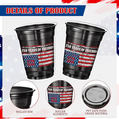 100 pack 12oz 250th Anniversary patriotic disposable plastic cups with American flag 1776-2026 design for 4th of July and veterans day parties