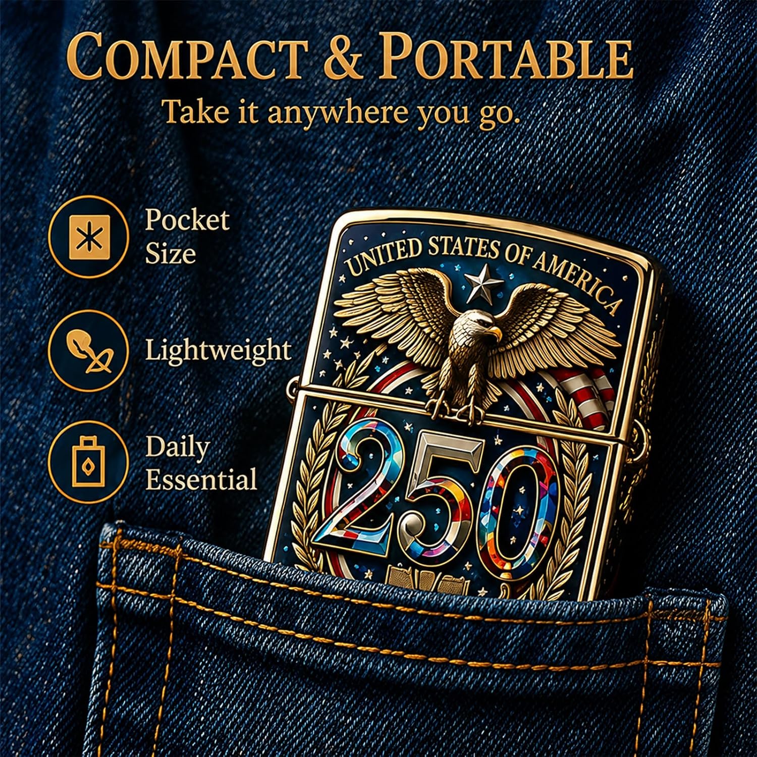 USA 250th Anniversary double sided printed metal patriotic pocket lighter gift for men
