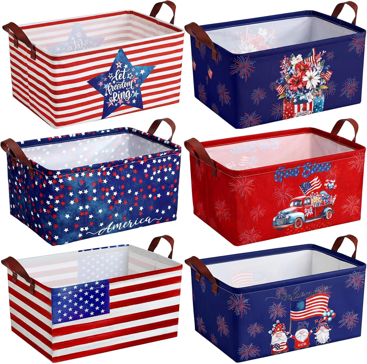 6 pack of collapsible red white and blue patriotic storage baskets with American flag design and handles displayed for 4th of July party and home organization