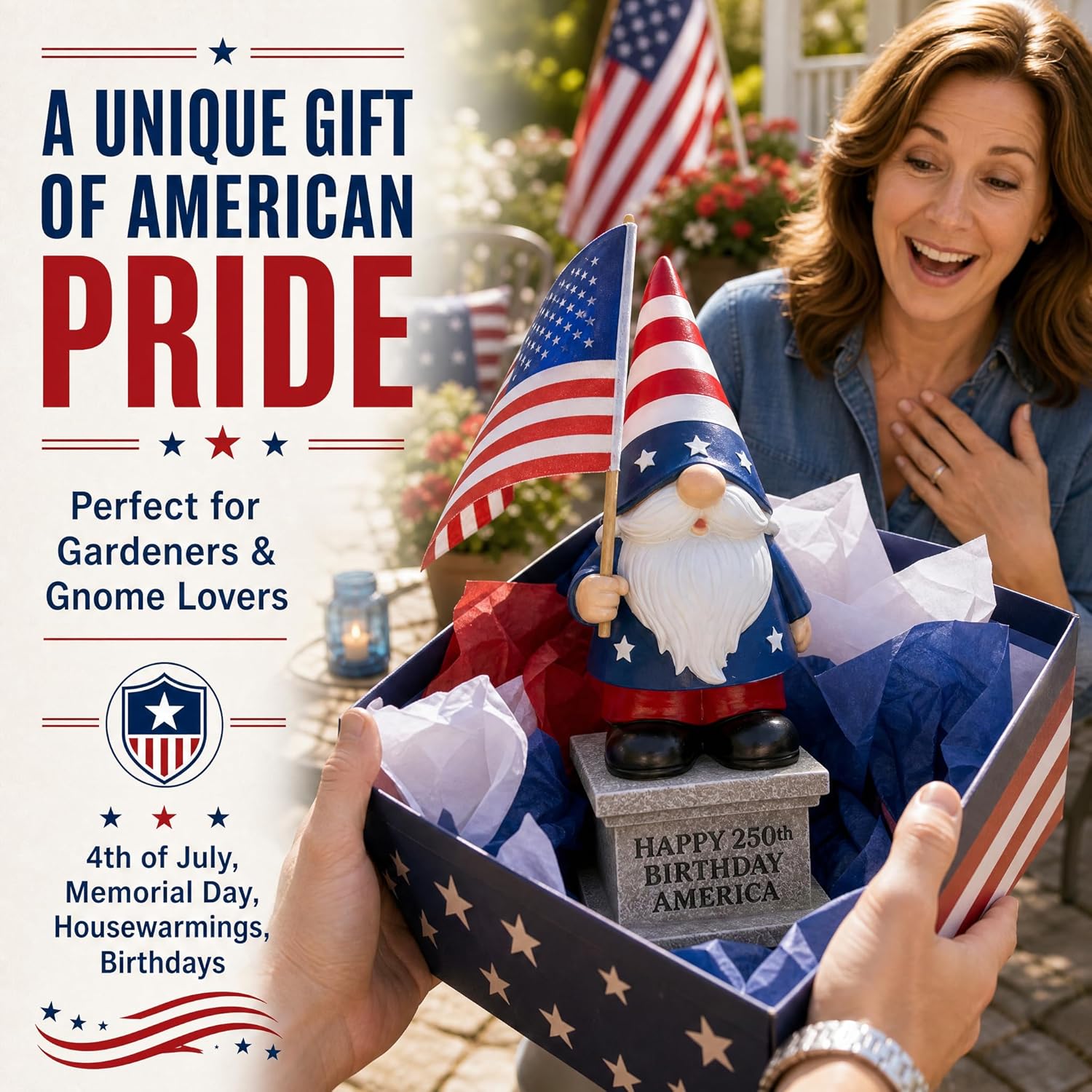 12 inch 4th of July patriotic garden gnome with solar lantern displayed on a lawn as outdoor American flag yard decoration for Independence Day and Memorial Day