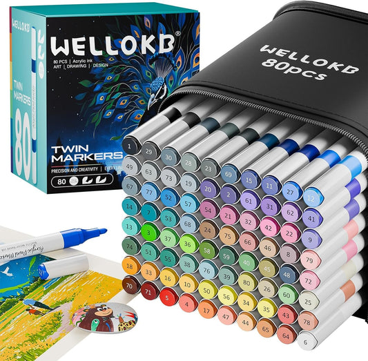 WELLOKB 80 Colors Dual Tip Acrylic Paint Markers, Fabric Markers, Brush Tip Permanent Acrylic Paint Pens for Wood, Glass, Rocks, Paper, Coloring book,Ceramic,DIY Crafts for Adults