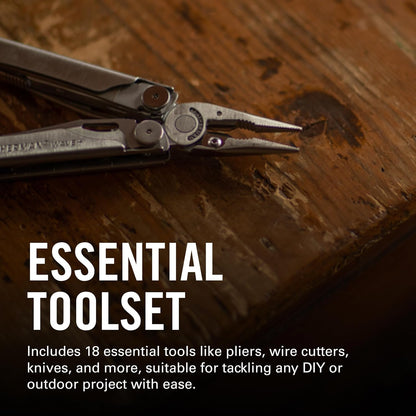 Leatherman Wave Plus 18-in-1 stainless steel multi-tool in black, compact everyday carry tool for veterans, first responders, and outdoor enthusiasts.

