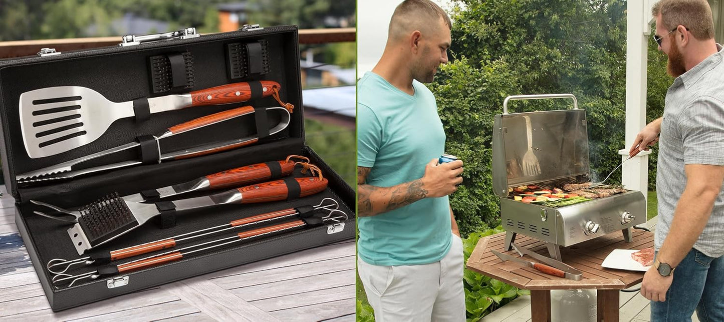 Cuisinart 10-piece stainless steel BBQ grilling set with storage tote including spatula, tongs, and grill brush