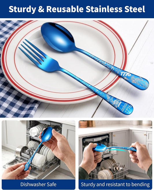 24-piece patriotic blue stainless steel flatware set with laser engraved Bald Eagle and Statue of Liberty designs, forks and spoons for 12, 4th of July party supplies