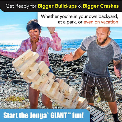 Jenga GIANT hardwood stacking game tower over 5 feet tall with 54 wood blocks set up outdoors at a backyard party