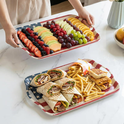 KINGEN 2-pack patriotic bamboo fiber serving trays with Stars and Stripes design in red white and blue