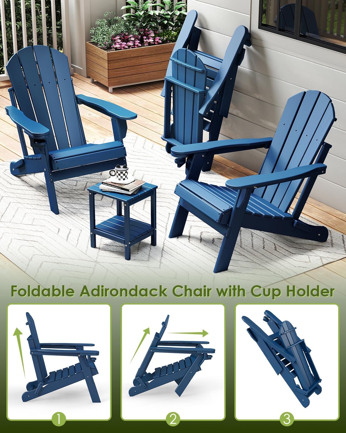 Set of 2 blue folding HDPE Adirondack chairs with cup holders for fire pit deck patio and outdoor use