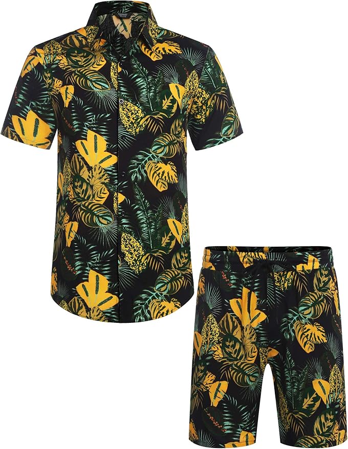 COOFANDY men's Hawaiian floral button-down shirt and matching shorts 2-piece summer beach vacation outfit