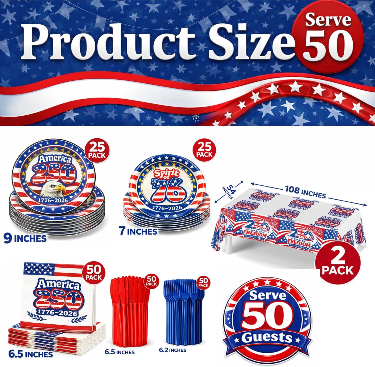 252 piece America 250th Anniversary party supplies set 1776-2026 patriotic decorations serving 50 guests with plates cups napkins tablecloths knives and forks for 4th of July