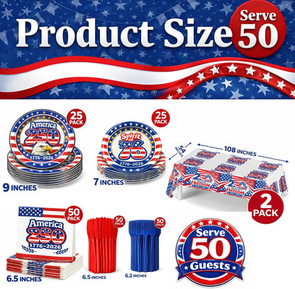 252 piece America 250th Anniversary party supplies set 1776-2026 patriotic decorations serving 50 guests with plates cups napkins tablecloths knives and forks for 4th of July