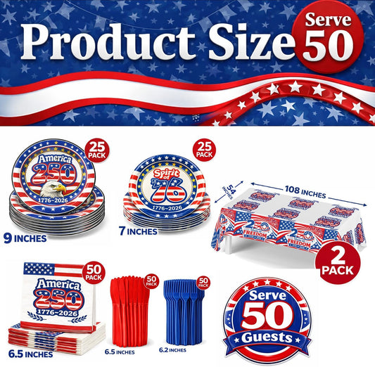 252 piece America 250th Anniversary party supplies set 1776-2026 patriotic decorations serving 50 guests with plates cups napkins tablecloths knives and forks for 4th of July