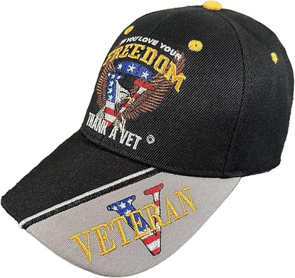 Patriotic Black Cap | If You Love Your Freedom Thank a Vet | Bald Eagle American Flag Hat | One Size