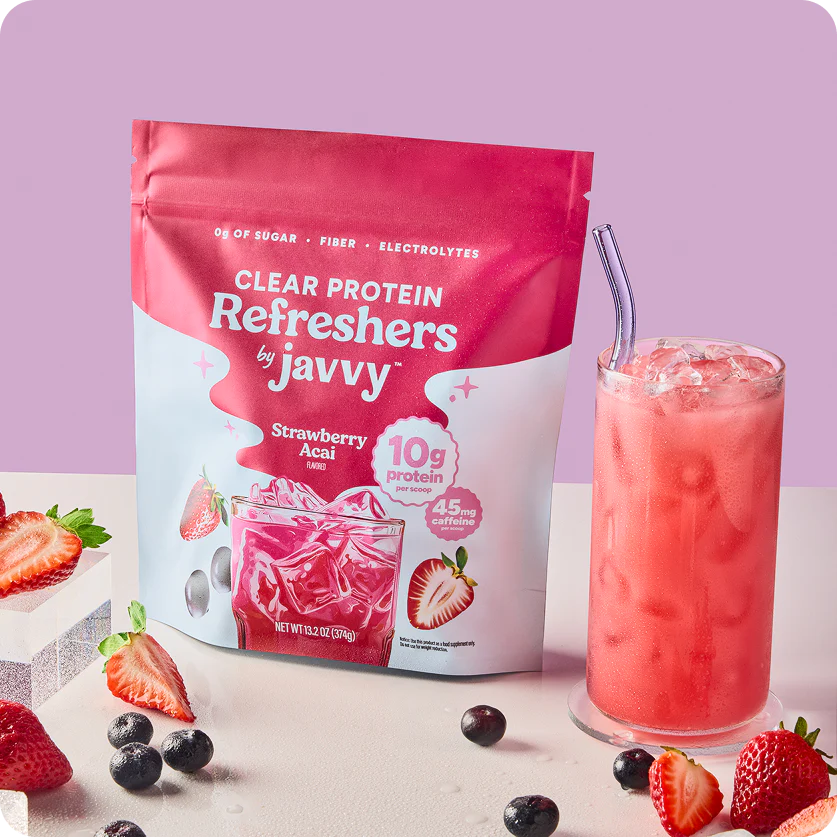 Javvy Protein Refresher in Strawberry flavor — clear protein drink with collagen, electrolytes, and prebiotics
