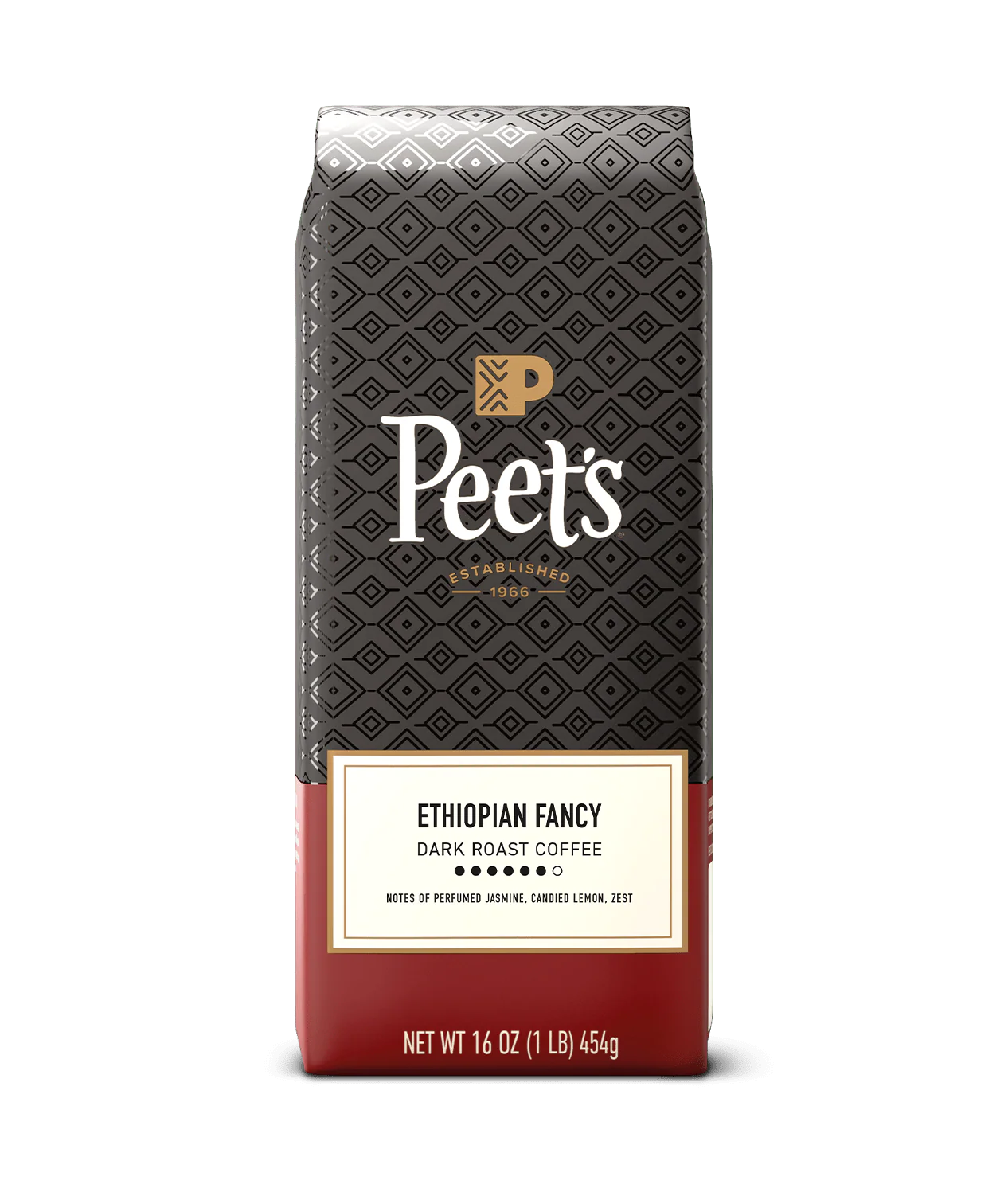 Peet’s Ethiopian Fancy Coffee bag with flavor notes perfumed jasmine, candied lemon, and zest.