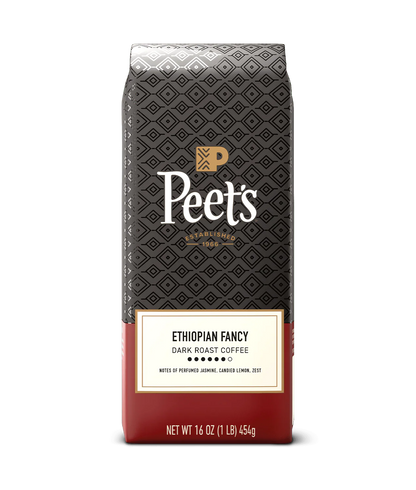 Peet’s Ethiopian Fancy Coffee bag with flavor notes perfumed jasmine, candied lemon, and zest.