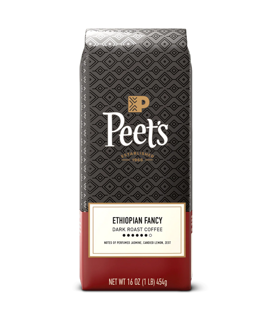 Peet’s Ethiopian Fancy Coffee bag with flavor notes perfumed jasmine, candied lemon, and zest.