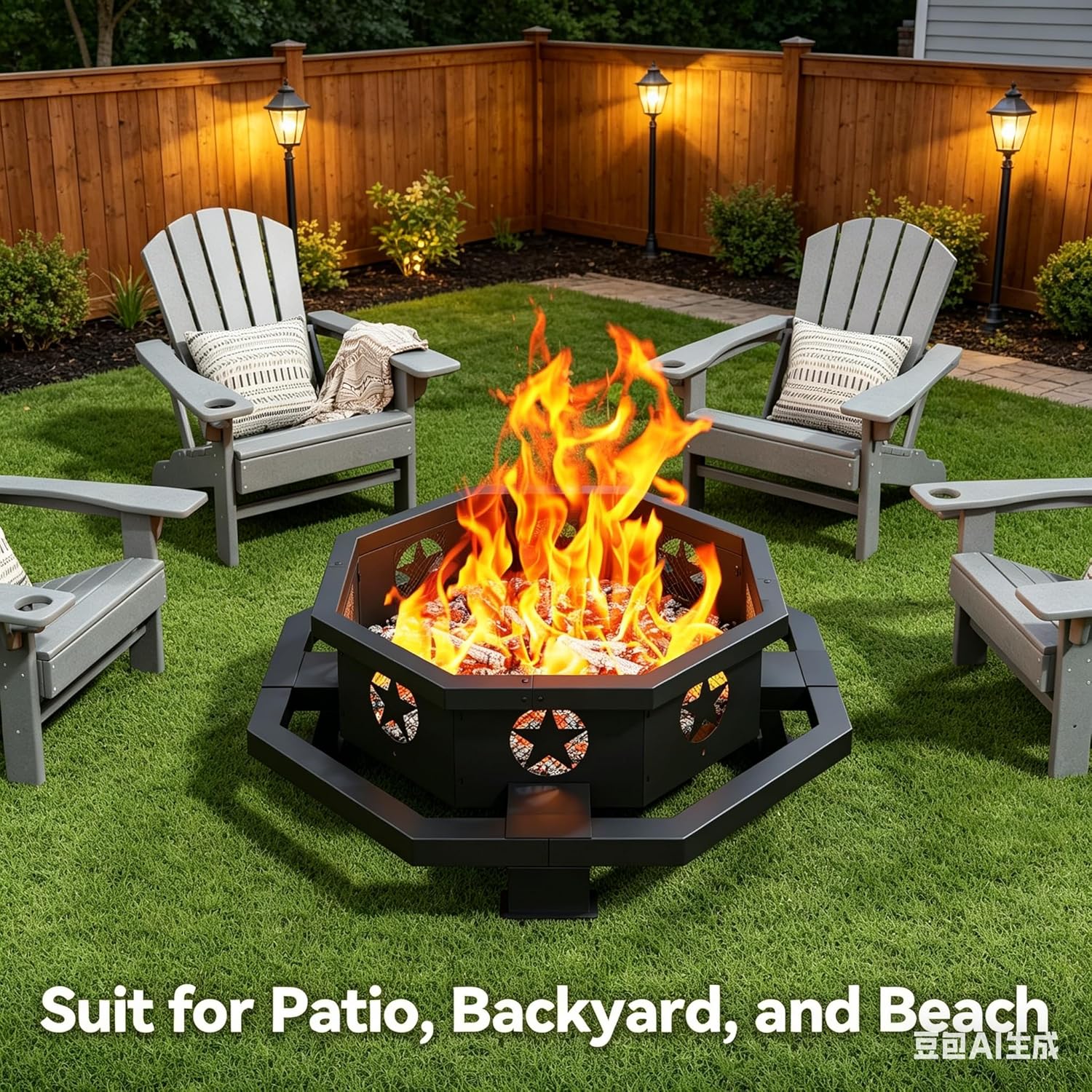 43-inch octagonal black steel wood burning fire pit set up in a backyard patio at dusk with flames burning