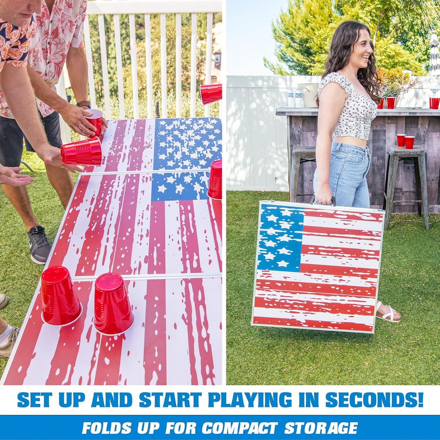 GoPong 8 foot portable beer pong and tailgate table in American Flag edition set up outdoors at a 4th of July backyard party