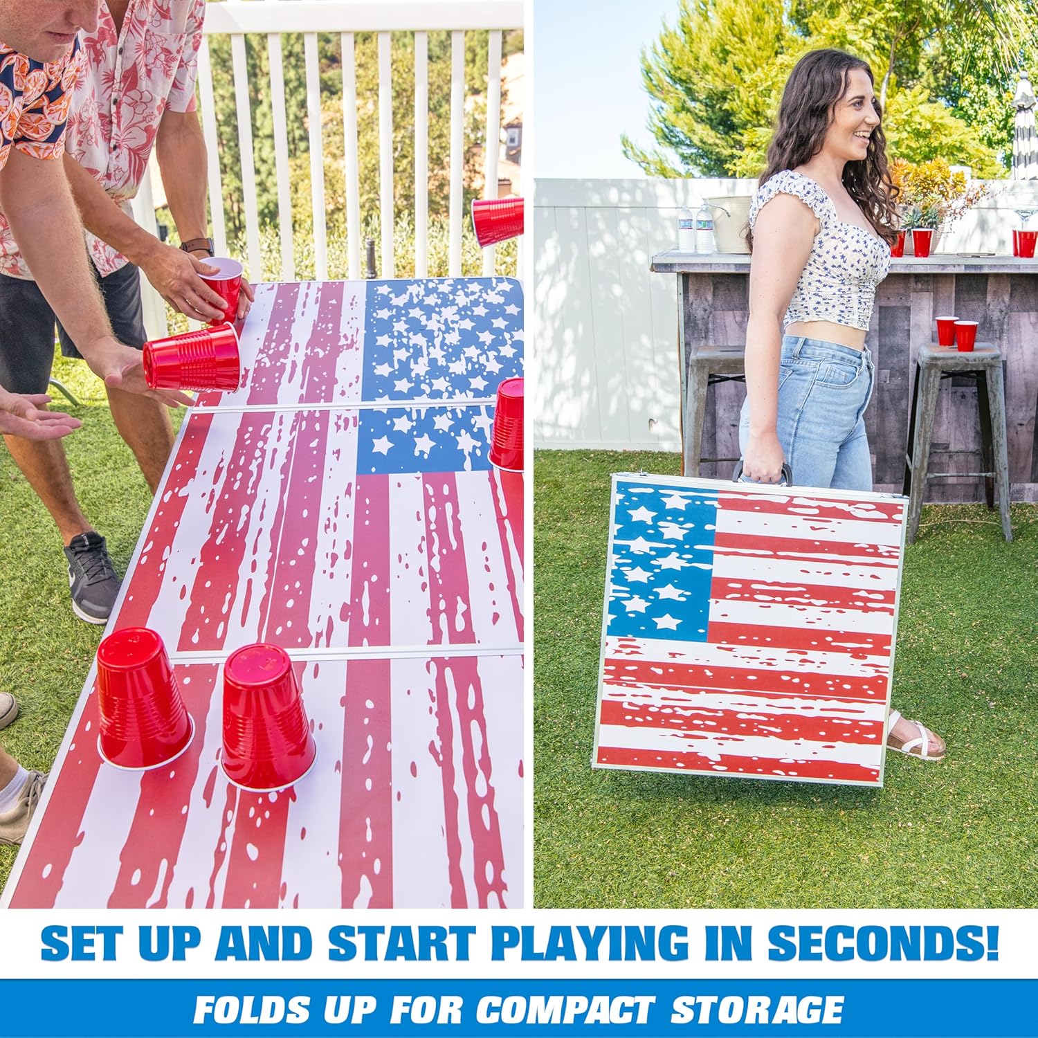 GoPong 8 foot portable beer pong and tailgate table in American Flag edition set up outdoors at a 4th of July backyard party