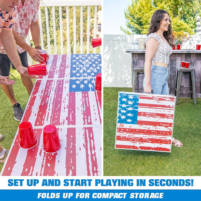 GoPong 8 foot portable beer pong and tailgate table in American Flag edition set up outdoors at a 4th of July backyard party