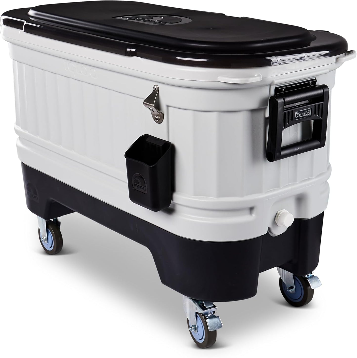 Igloo Party Bar 125 quart rolling hard cooler in gray with removable beverage tub lid, wheeled base, and stainless steel bottle opener for outdoor entertaining