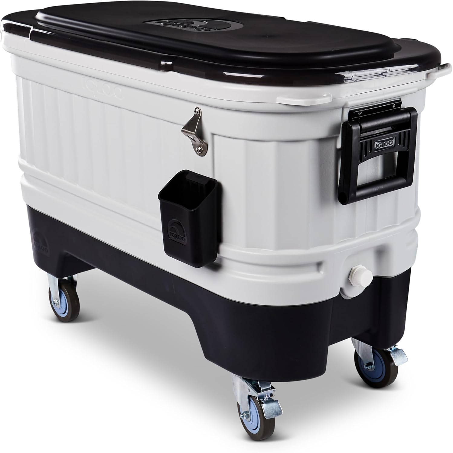 Igloo Party Bar 125 quart rolling hard cooler in gray with removable beverage tub lid, wheeled base, and stainless steel bottle opener for outdoor entertaining