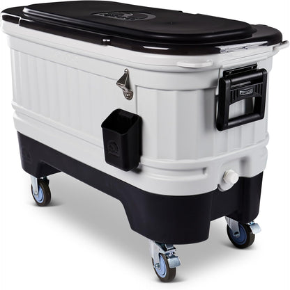 Igloo Party Bar 125 quart rolling hard cooler in gray with removable beverage tub lid, wheeled base, and stainless steel bottle opener for outdoor entertaining