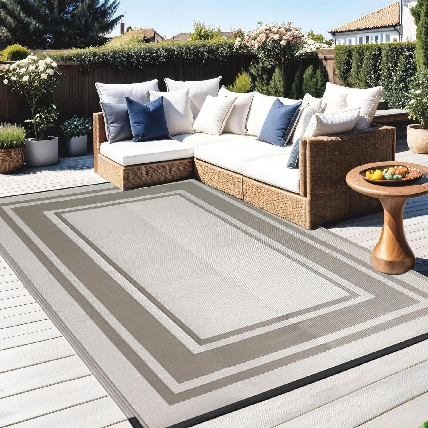RURALITY 9x12 feet waterproof reversible plastic straw outdoor rug in light coffee for patio, porch, camping, and RV use