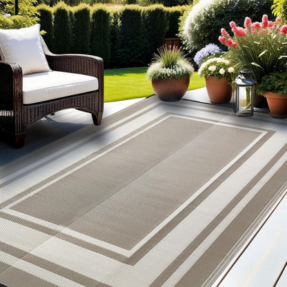 RURALITY 9x12 feet waterproof reversible plastic straw outdoor rug in light coffee for patio, porch, camping, and RV use
