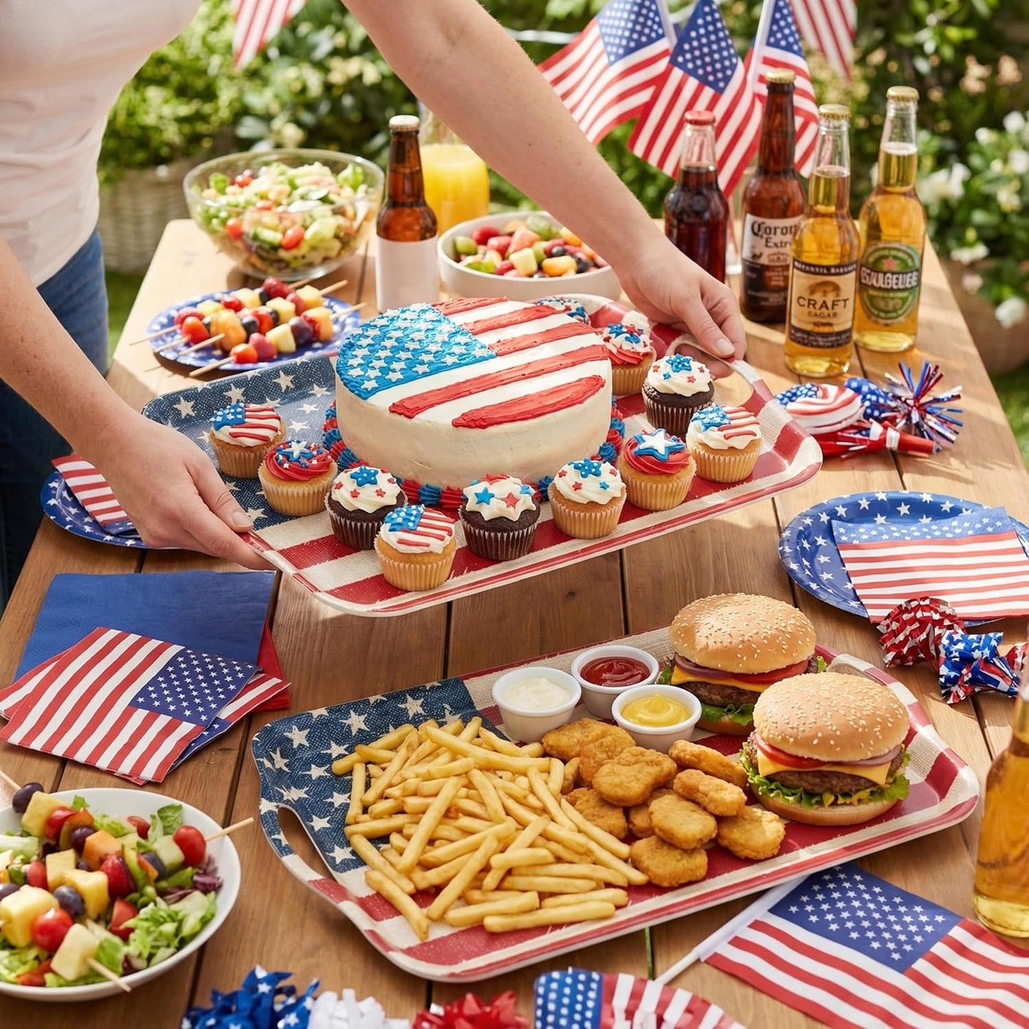 KINGEN 2-pack patriotic bamboo fiber serving trays with Stars and Stripes design in red white and blue