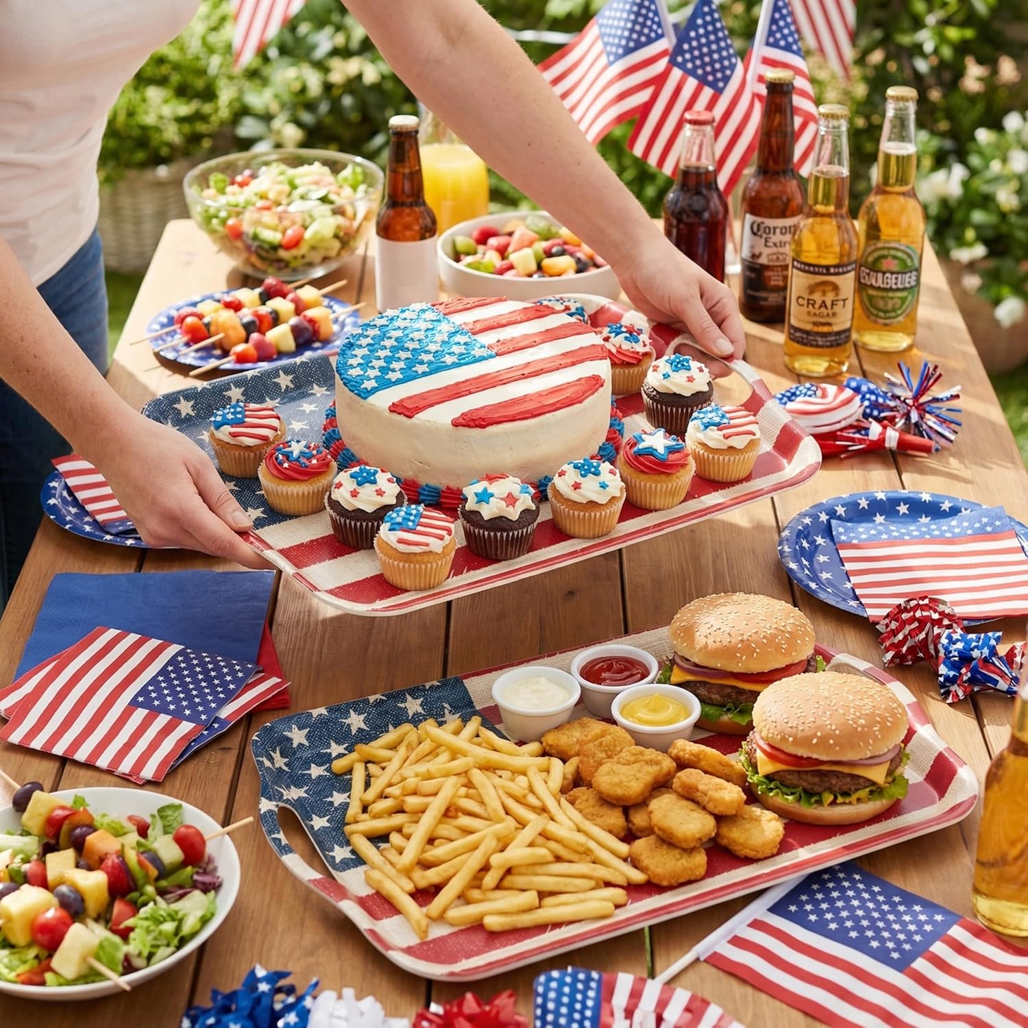KINGEN 2-pack patriotic bamboo fiber serving trays with Stars and Stripes design in red white and blue